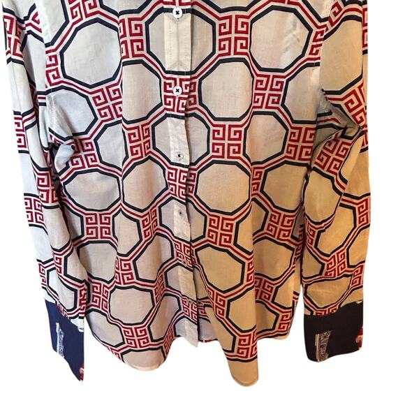 TIZZIE Women’s 100% Cotton Collared Long Sleeve Red White Blue Top Blouse Size M - Picture 5 of 12